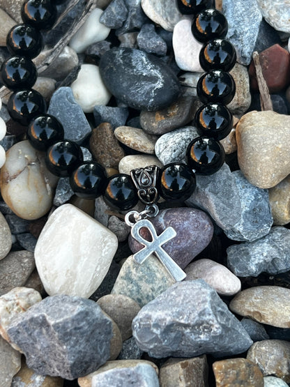 10mm Black Obsidian Bead feature a stainless steel Ankh